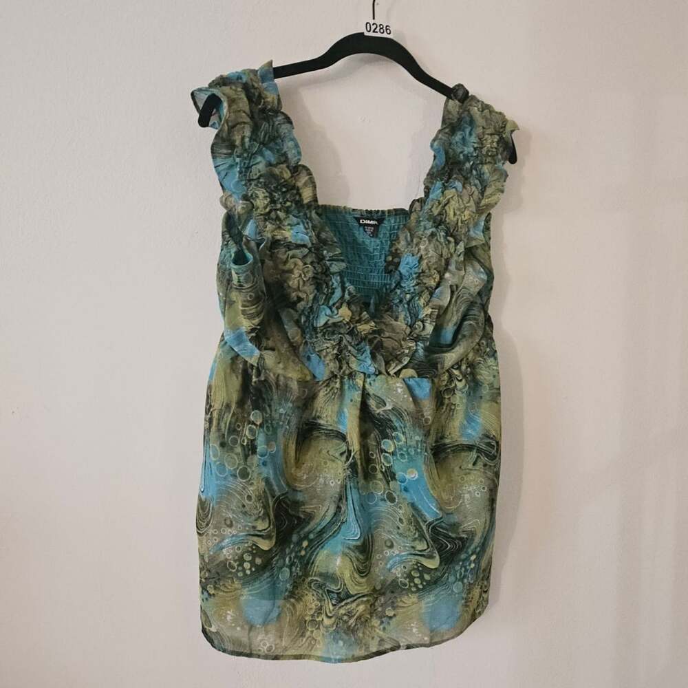 DIMR Ruffled Blue Green Abstract Print Tank 286